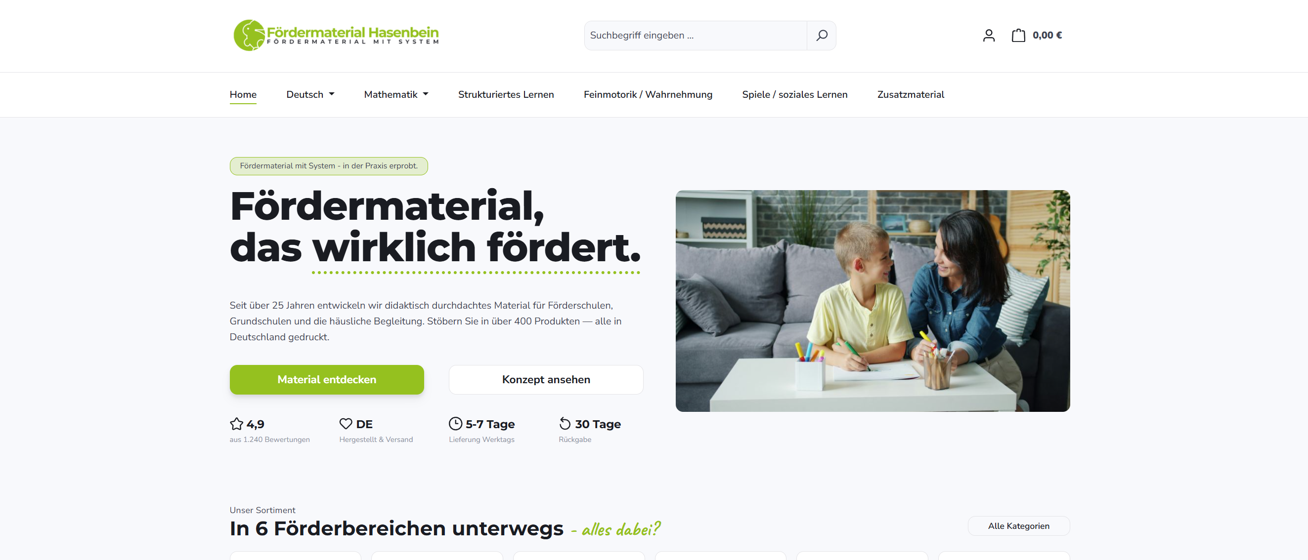 Shop-Ansicht von Fördermaterial Hasenbein nach der Shopware-Migration