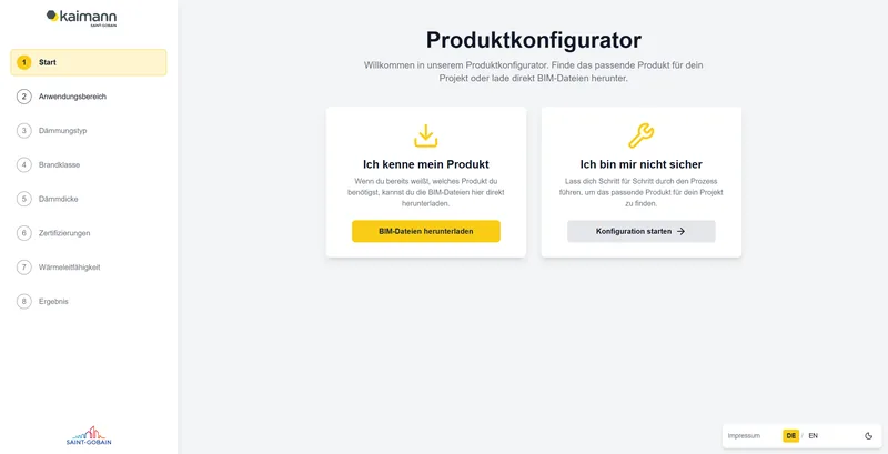 Startansicht des BIM-Produktkonfigurators für Kaimann