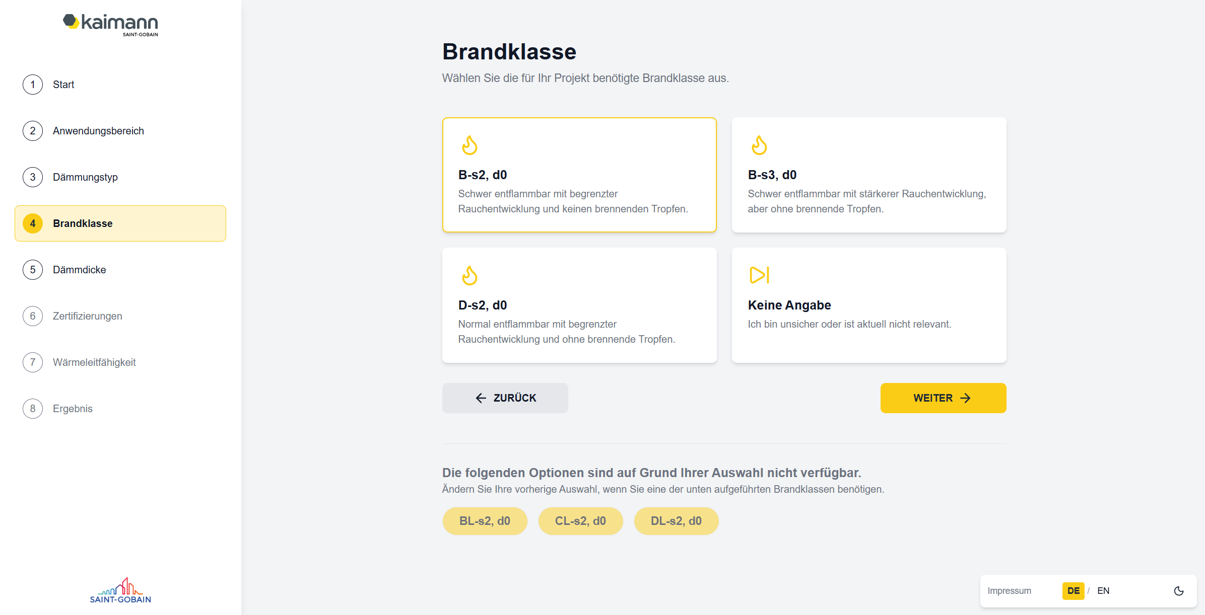 Kaimann Produktkonfigurator: Auswahlschritt Brandklasse mit automatisch ausgeblendeten Optionen