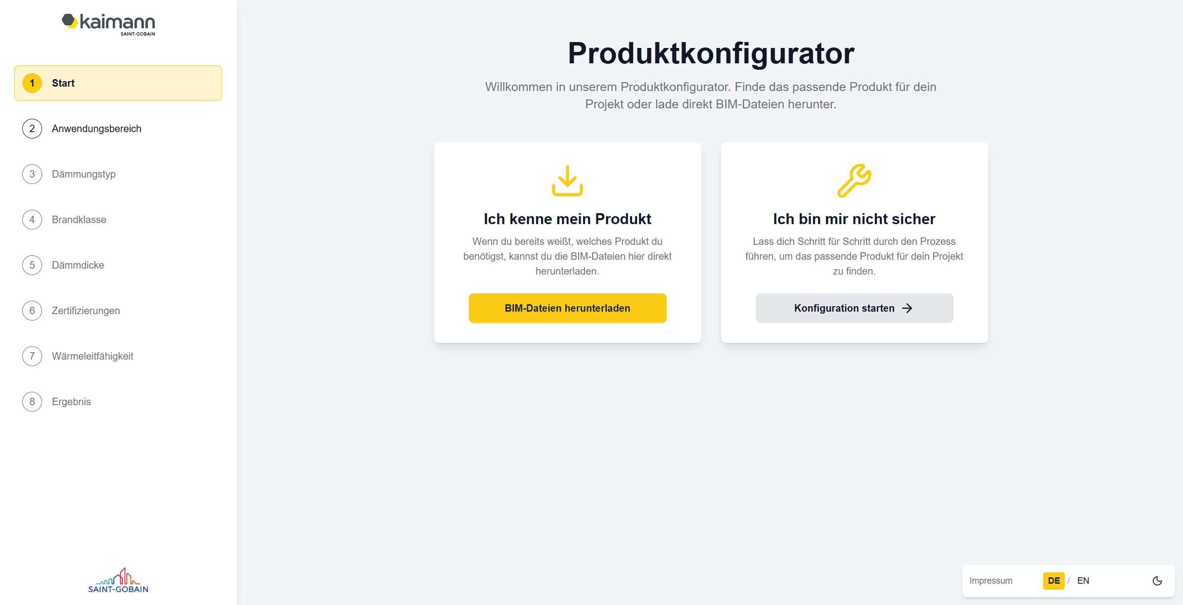 Kaimann Produktkonfigurator: Startansicht mit Einstieg über bekanntes Produkt oder geführte Auswahl