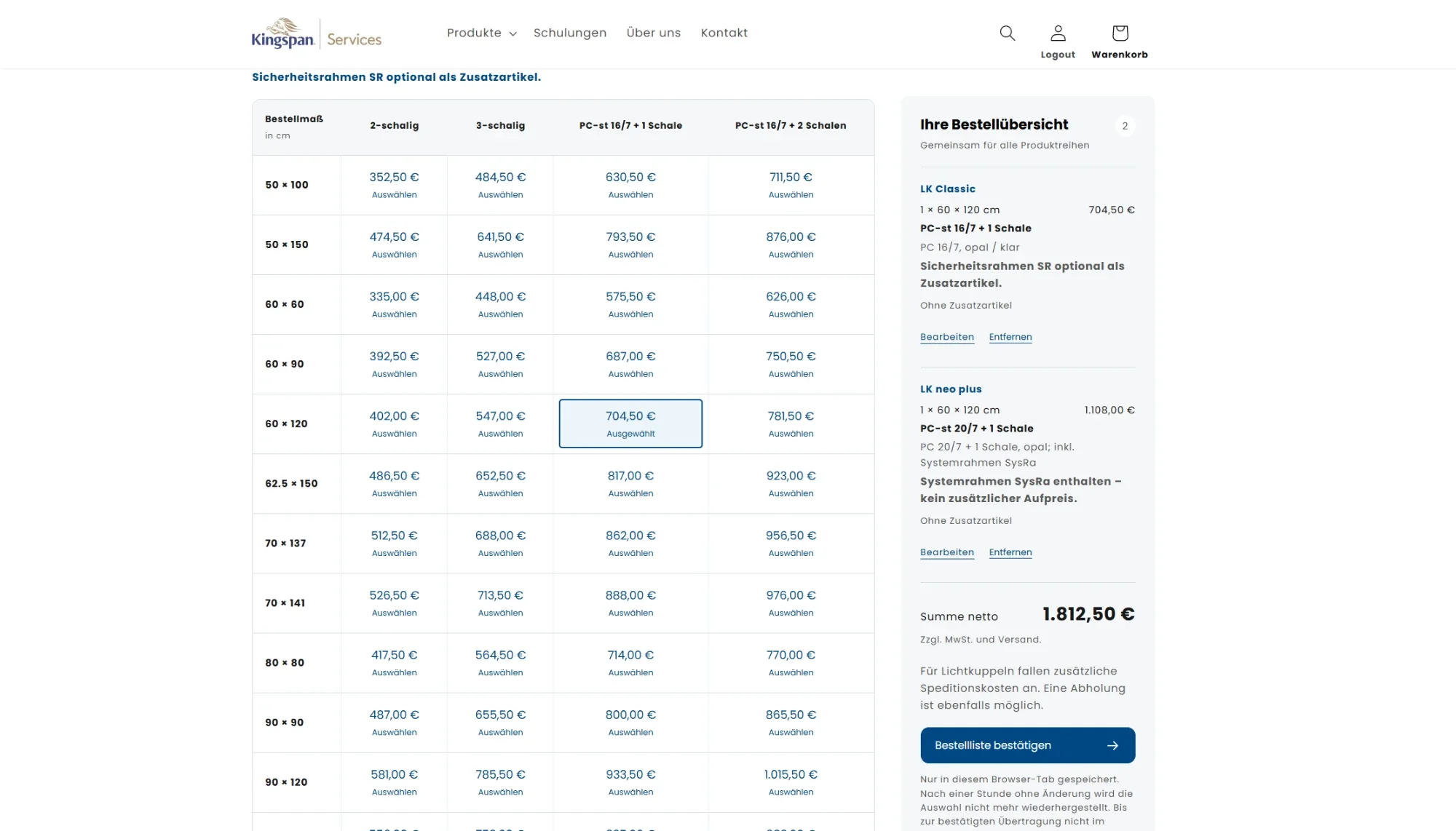 Bestellmatrix im Kingspan-Services-Shop mit Bestellmaßen, Ausführungen und Bestellübersicht