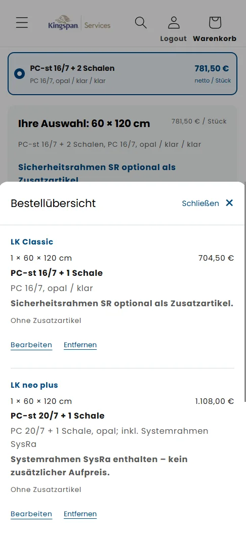 Mobile Ansicht: aufgeklappte Bestellübersicht mit zwei Positionen