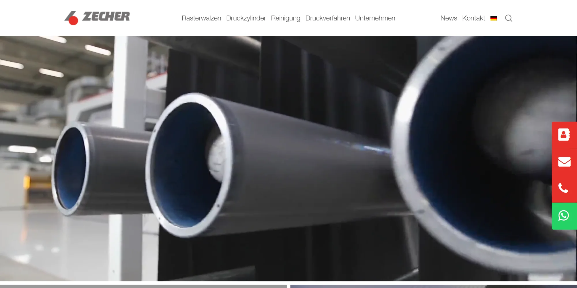 Startseite von zecher.com mit Navigation zu Rasterwalzen, Druckzylindern, Reinigung und Druckverfahren