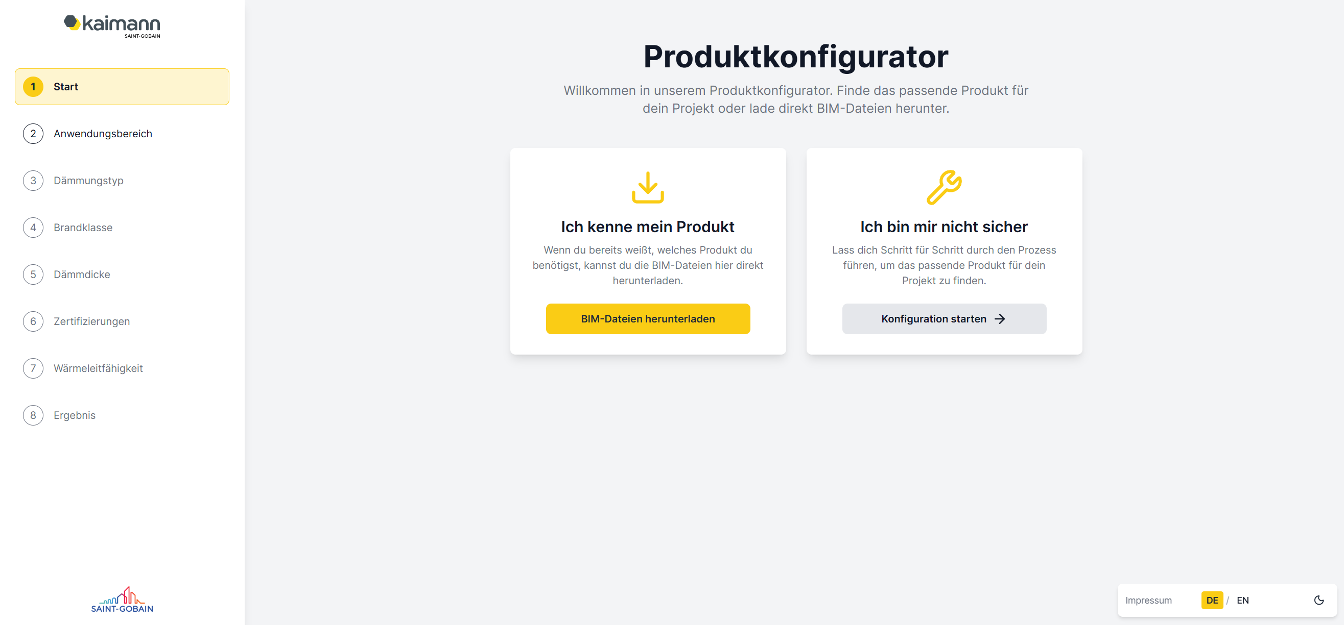 Startansicht des BIM-Produktkonfigurators für Kaimann