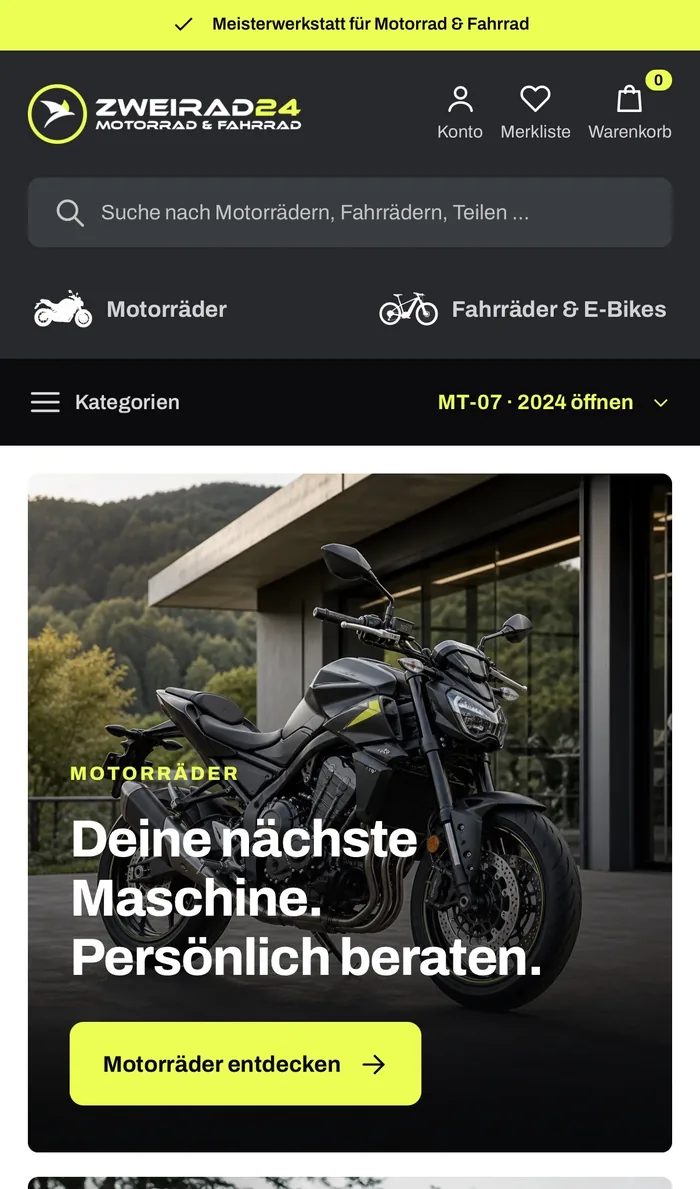 Mobile Startseite von Zweirad24 mit Motorradmotiv